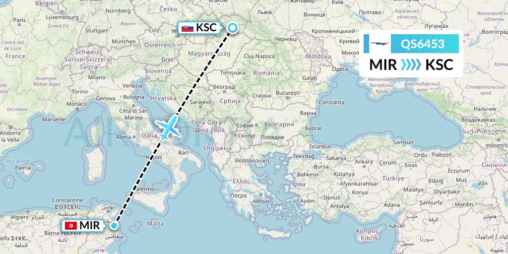 QS6453 Smartwings Flight Map: Monastir to Kosice