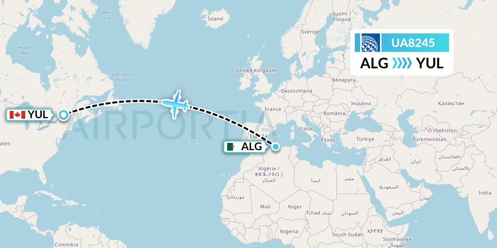 UA8245 United Airlines Flight Map: Algiers to Montreal