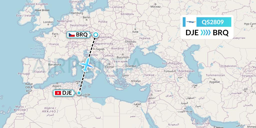 QS2809 Smartwings Flight Map: Djerba to Brno