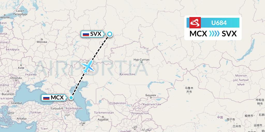 U684 Ural Airlines Flight Map: Makhachkala to Yekaterinburg