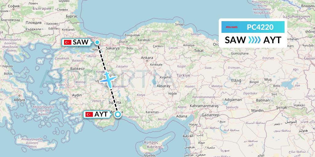 PC4220 Pegasus Airlines Flight Map: Istanbul to Antalya