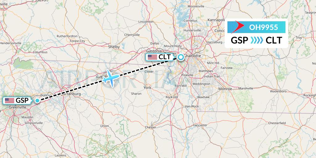 OH9955 PSA Airlines Flight Map: Greenville-Spartanburg to Charlotte