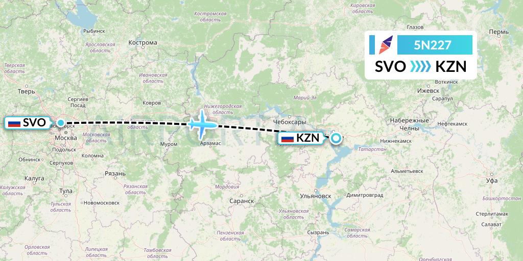 5N227 Nordavia Flight Map: Moscow to Kazan