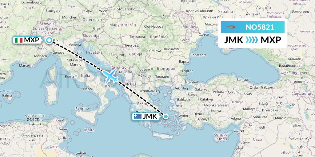 NO5821 Neos Flight Map: Mykonos to Milan