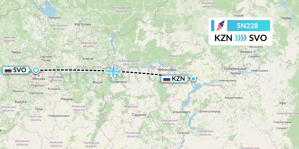 5N228 Nordavia Flight Map: Kazan to Moscow