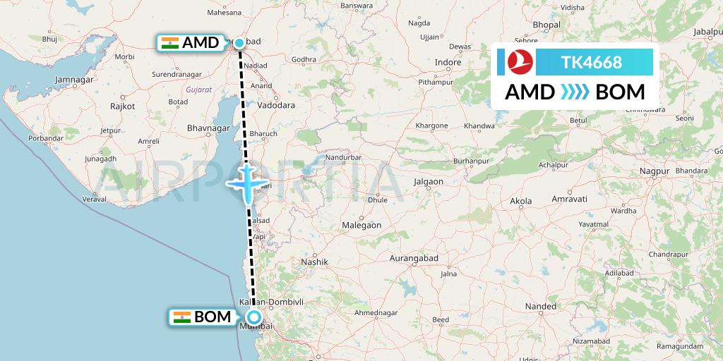 TK4668 Turkish Airlines Flight Map: Ahmedabad to Mumbai