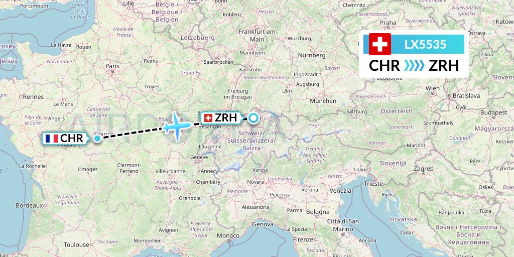 LX5535 Swiss Flight Map: Chateauroux to Zurich