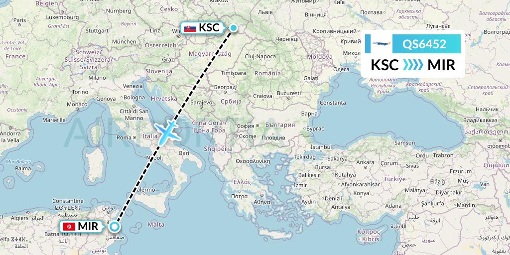 QS6452 Smartwings Flight Map: Kosice to Monastir