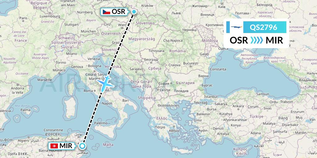 QS2796 Smartwings Flight Map: Ostrava to Monastir