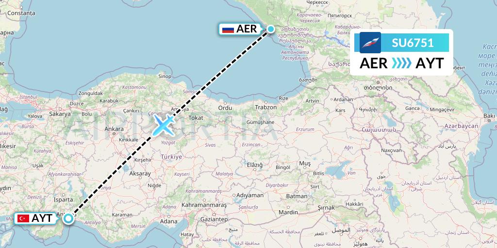 SU6751 Aeroflot Flight Map: Sochi to Antalya