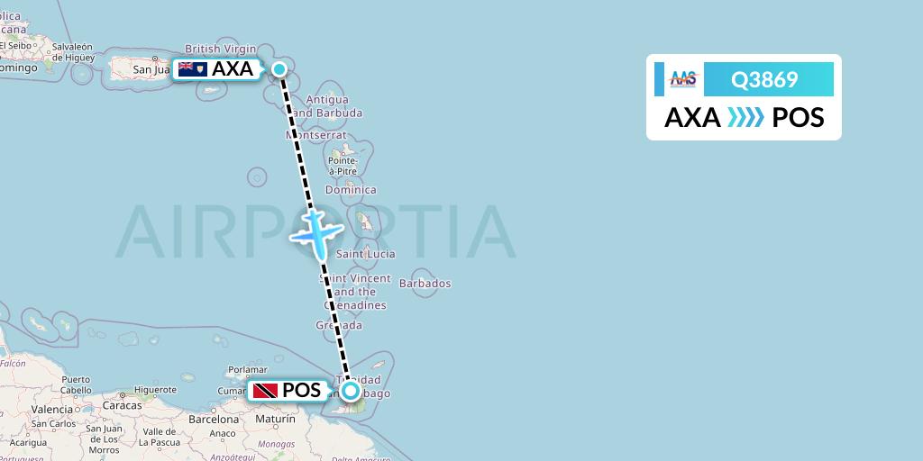 Q3869 Anguilla Air Services Flight Map: The Valley to Port of Spain