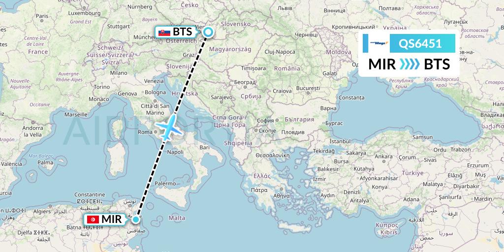 QS6451 Smartwings Flight Map: Monastir to Bratislava
