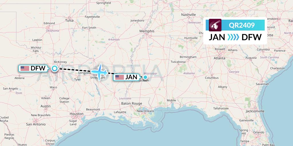 QR2409 Qatar Airways Flight Map: Jackson to Dallas