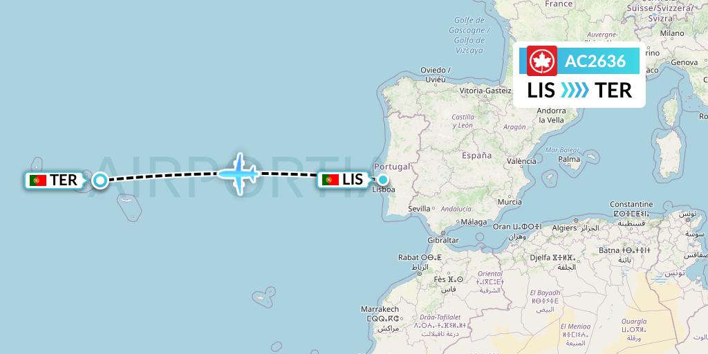 AC2636 Air Canada Flight Map: Lisbon to Lajes