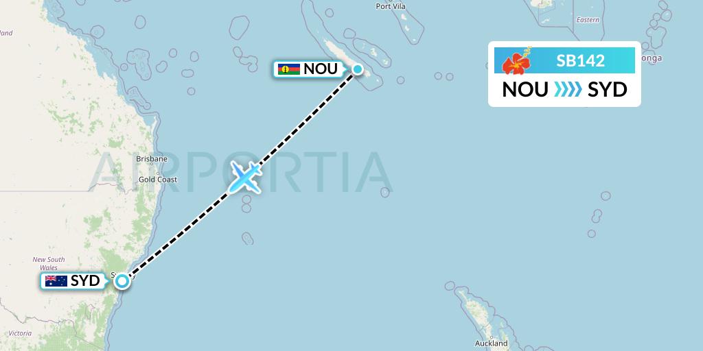 SB142 Aircalin Flight Map: Noumea to Sydney