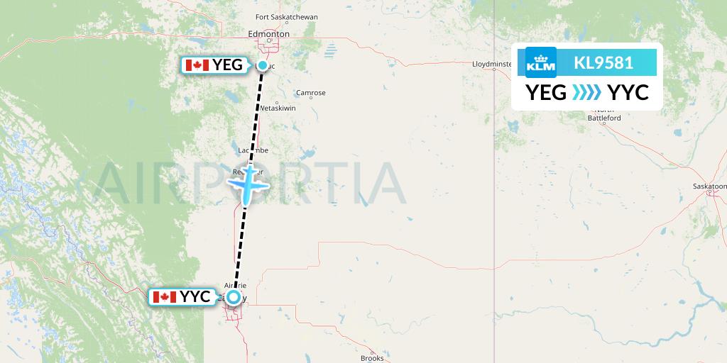KL9581 KLM Flight Map: Edmonton to Calgary
