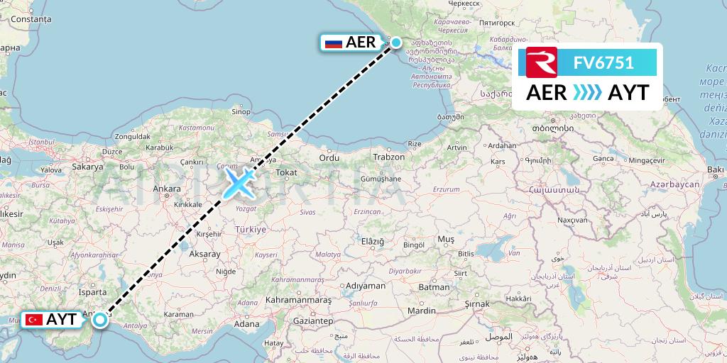 FV6751 Rossiya Flight Map: Sochi to Antalya