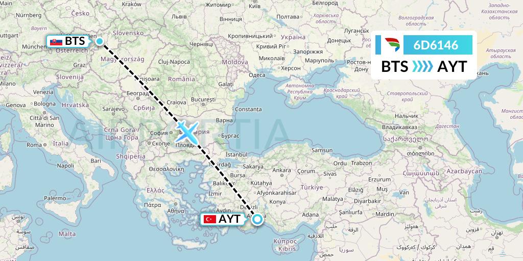 6D6146 Travel Service Slovakia Flight Map: Bratislava to Antalya