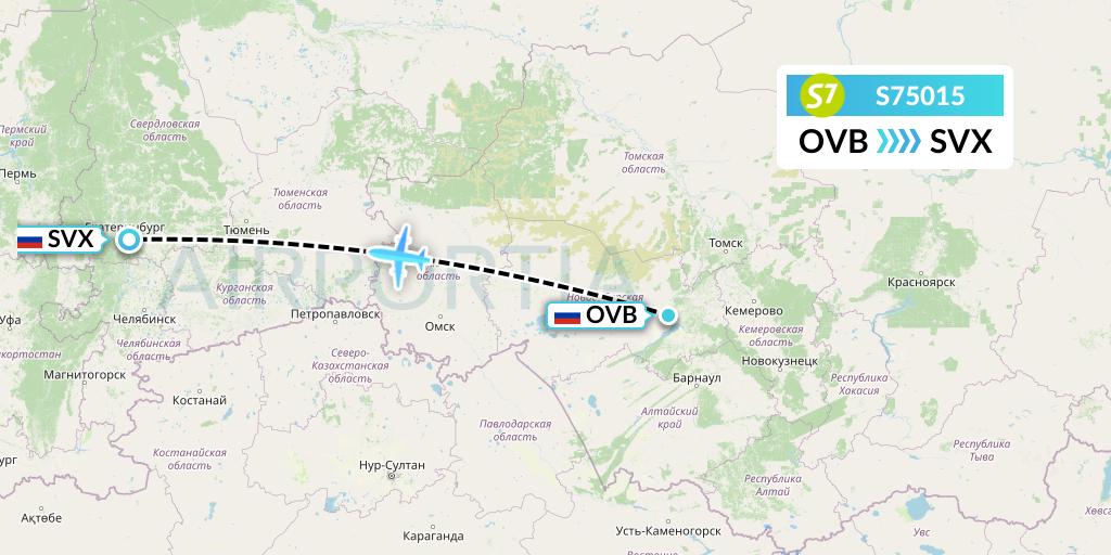 S75015 S7 Airlines Flight Map: Novosibirsk to Yekaterinburg