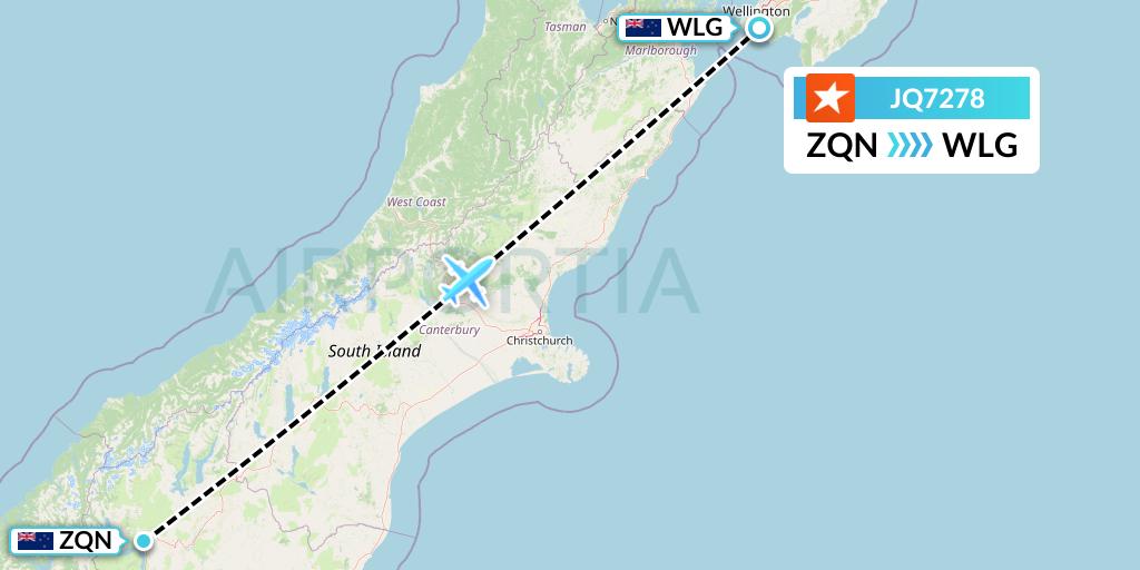 JQ7278 Jetstar Airways Flight Map: Queenstown to Wellington