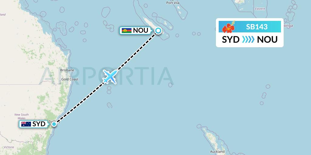 SB143 Aircalin Flight Map: Sydney to Noumea
