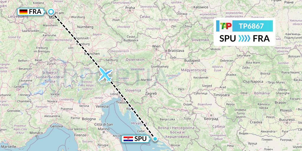 TP6867 TAP Portugal Flight Map: Split to Frankfurt