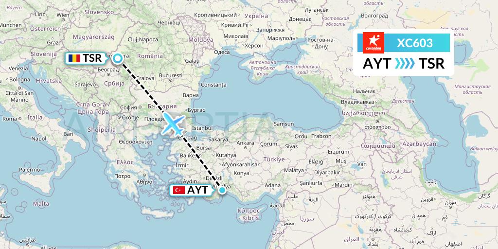 XC603 Corendon Airlines Flight Map: Antalya to Timisoara