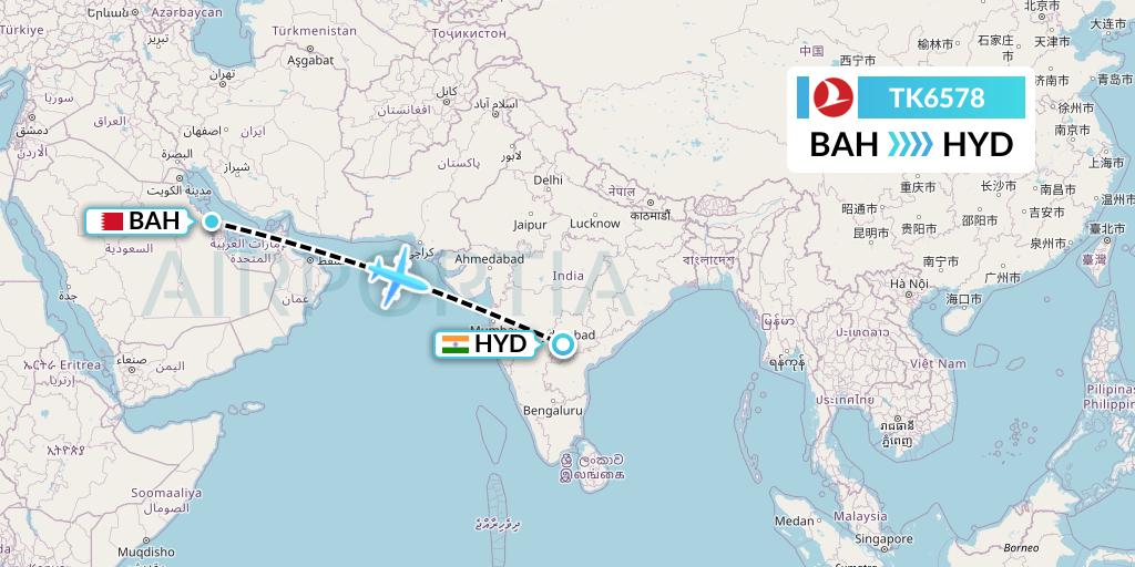 TK6578 Turkish Airlines Flight Map: Bahrain to Hyderabad