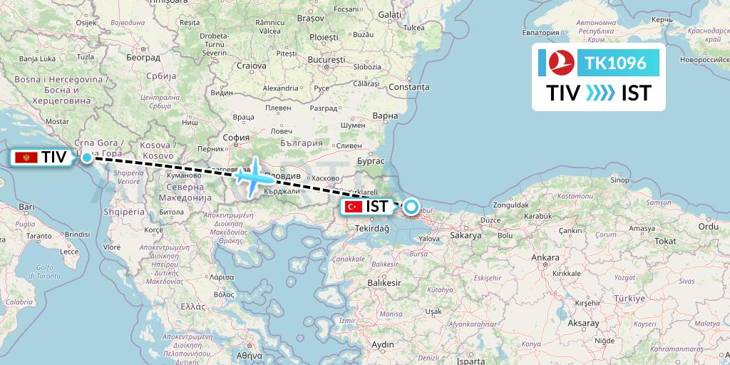 TK1096 Turkish Airlines Flight Map: Tivat to Istanbul
