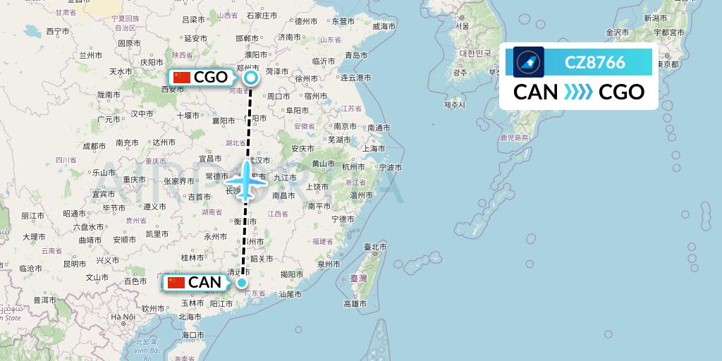 CZ8766 China Southern Airlines Flight Map: Guangzhou to Zhengzhou
