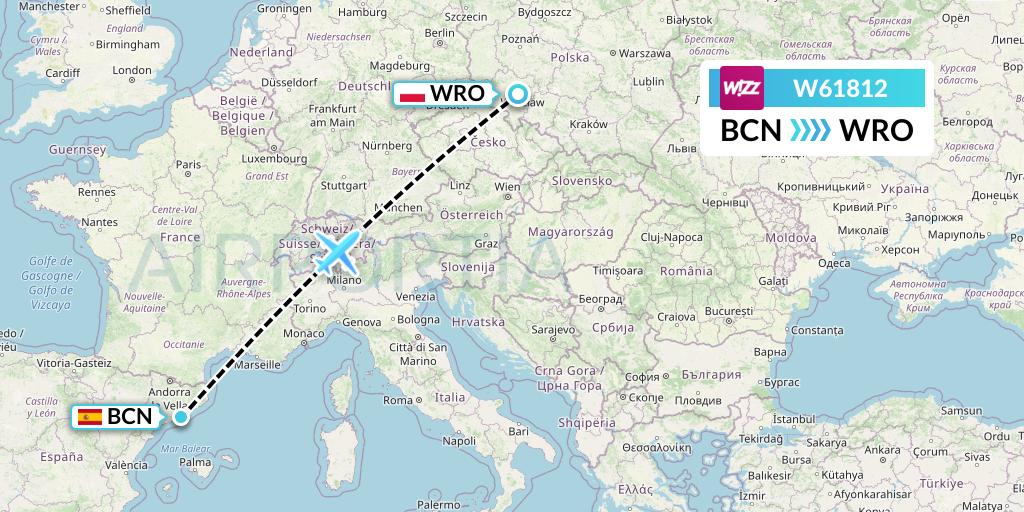 W61812 Wizz Air Flight Map: Barcelona to Wroclaw