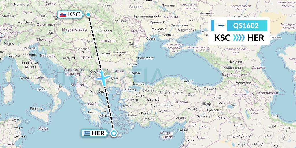 QS1602 Smartwings Flight Map: Kosice to Heraklion