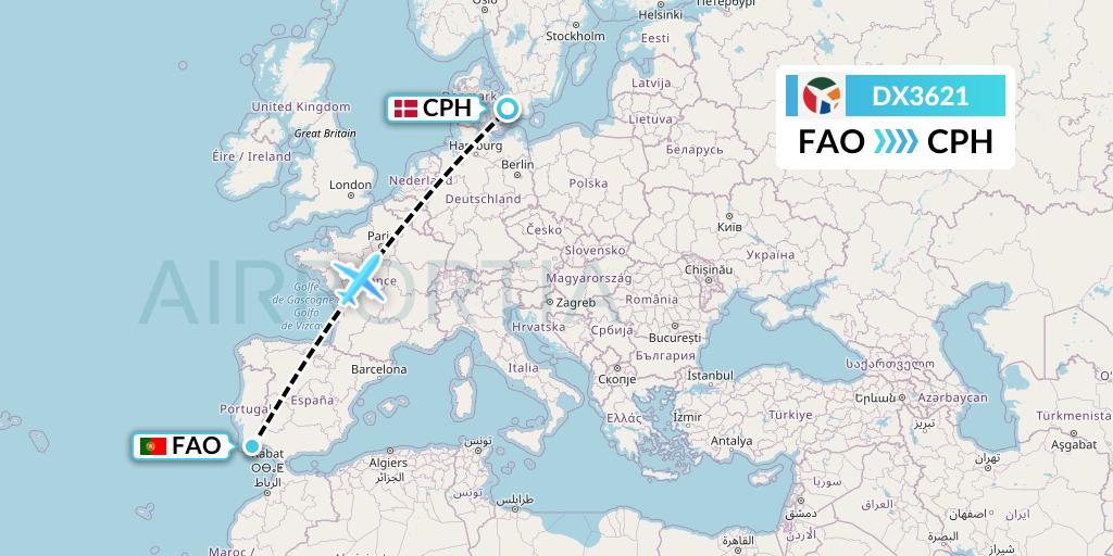 DX3621 Danish Air Transport Flight Map: Faro to Copenhagen