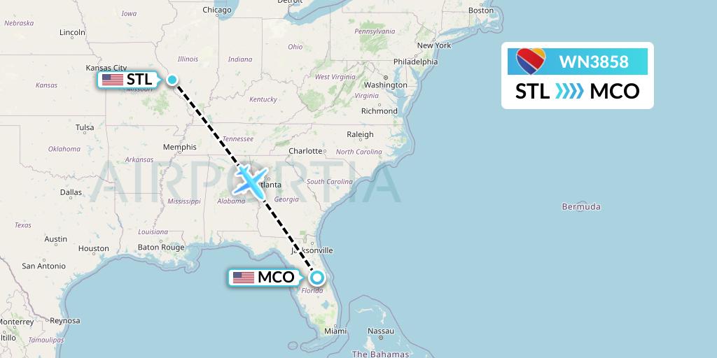 WN3858 Southwest Airlines Flight Map: St. Louis to Orlando