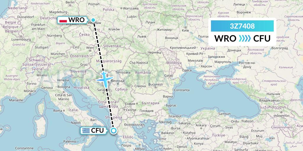 3Z7408 Travel Service Polska Flight Map: Wroclaw to Corfu