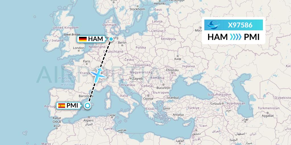 X97586 Avion Express Flight Map: Hamburg to Palma de Mallorca
