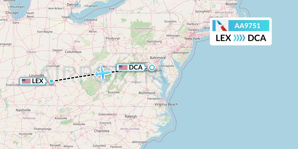 AA9751 American Airlines Flight Map: Lexington to Washington