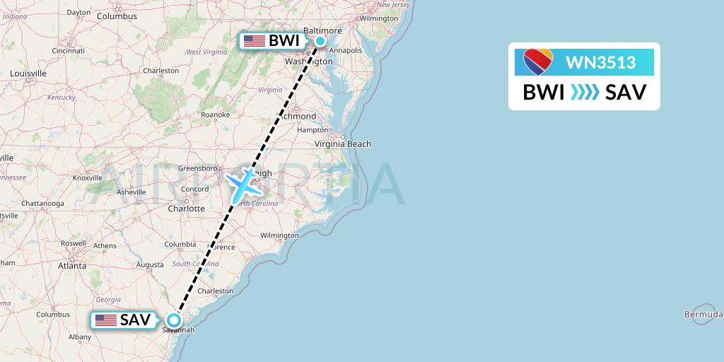 WN3513 Southwest Airlines Flight Map: Baltimore to Savannah