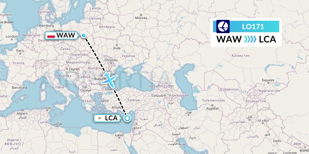 LO171 LOT Flight Map: Warsaw to Larnaca
