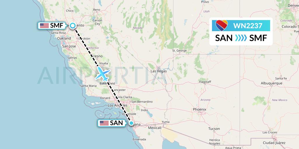 WN2237 Southwest Airlines Flight Map: San Diego to Sacramento