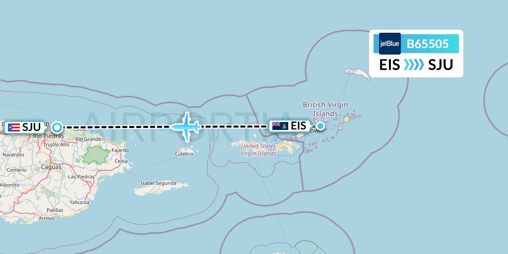 B65505 JetBlue Airways Flight Map: Beef Island to San Juan