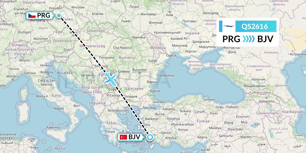 QS2616 Smartwings Flight Map: Prague to Bodrum