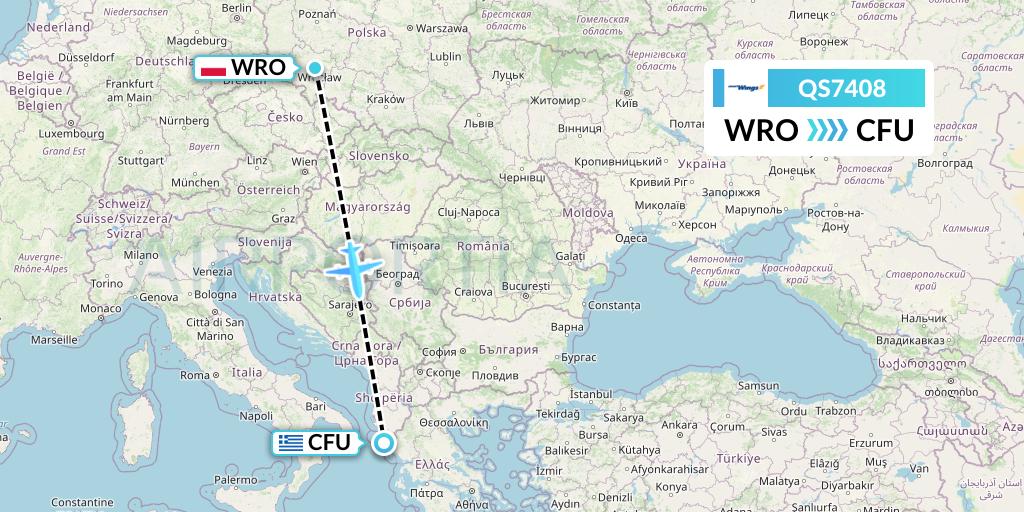 QS7408 Smartwings Flight Map: Wroclaw to Corfu