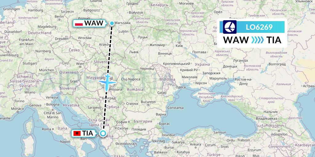 LO6269 LOT Flight Map: Warsaw to Tirana