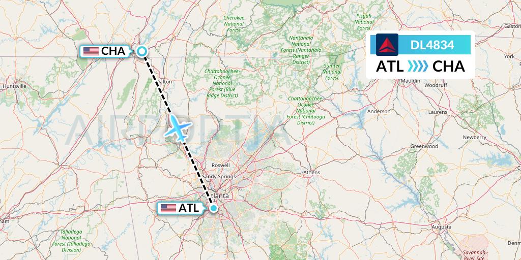 DL4834 Delta Air Lines Flight Map: Atlanta to Chattanooga
