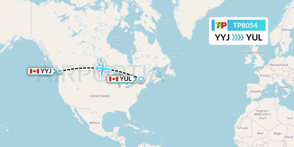 TP8054 TAP Portugal Flight Map: Victoria to Montreal