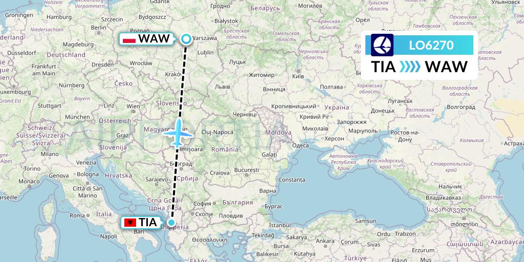 LO6270 LOT Flight Map: Tirana to Warsaw