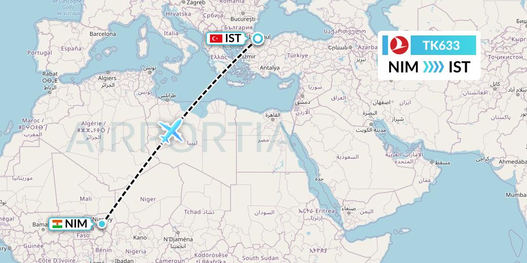 TK633 Turkish Airlines Flight Map: Niamey to Istanbul