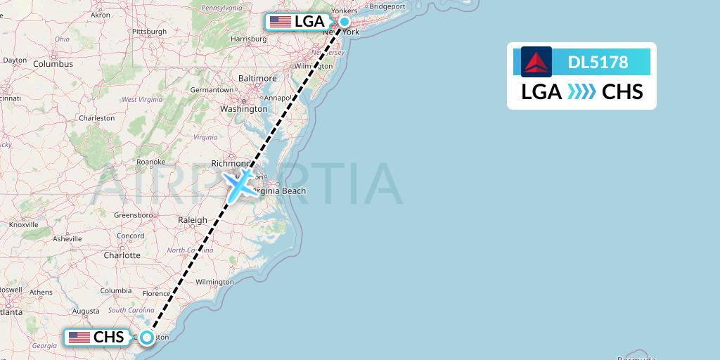 DL5178 Delta Air Lines Flight Map: New York to Charleston