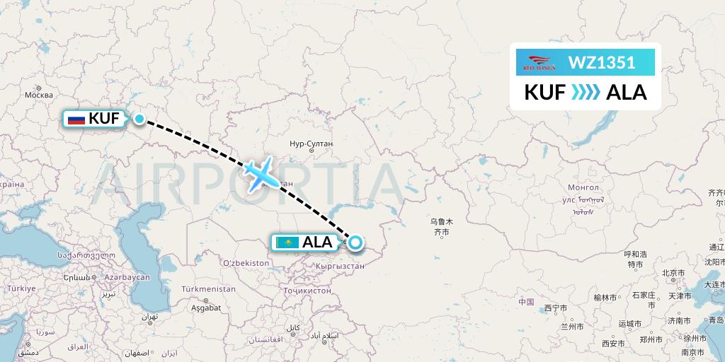 WZ1351 Red Wings Flight Map: Samara to Almaty